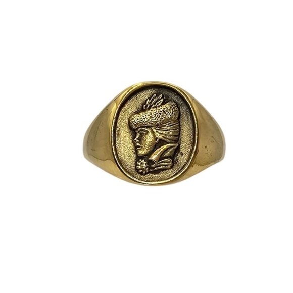 Victorian Gilded Age Woman Wearing Hat Avon 18K HGE Sterling Silver Ring Size 6 - Picture 1 of 15